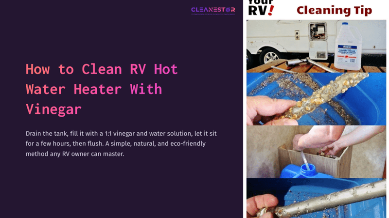1 How To Clean Rv Hot Water Heater With Vinegar A Person Holding A Corroded Rv Hot Water Heater Component, With Vinegar And Cleaning Tools On A Blue Cloth, And An Rv Outside.