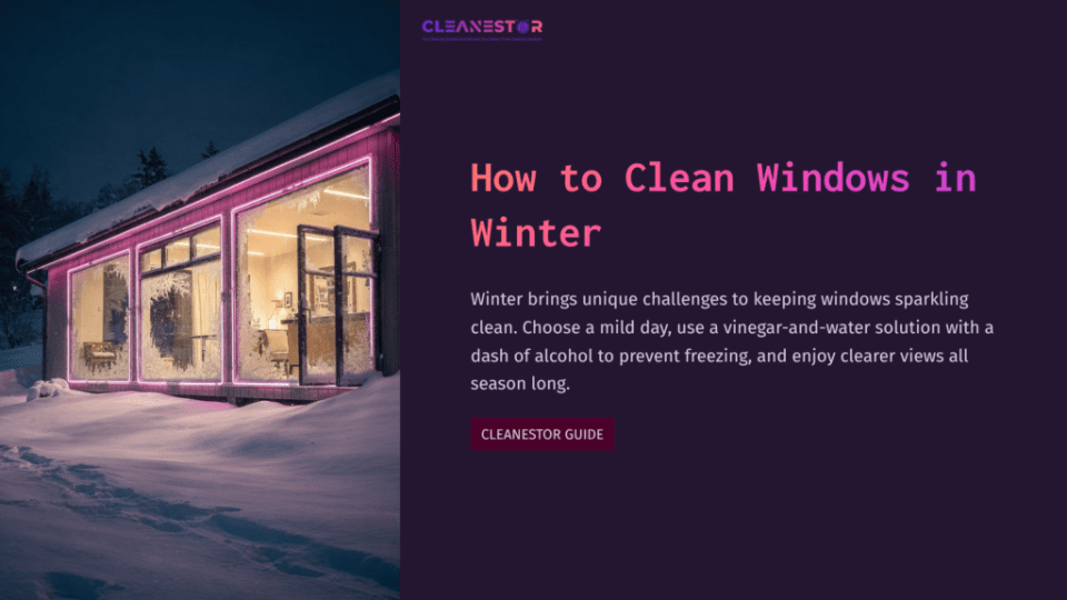 1 How To Clean Windows In Winter A Cozy House With Large Windows, Illuminated Warmly, Surrounded By Snow. Pink Neon Lights Accentuate The Exterior.