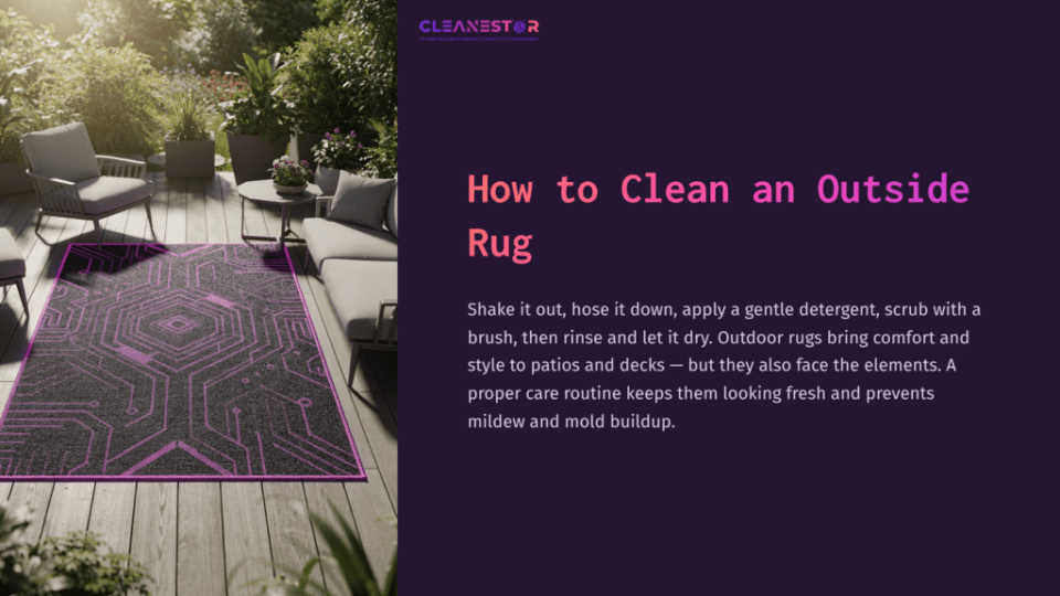 1 How To Clean An Outside Rug A Patterned Outdoor Rug In Purple And Black Is Placed On A Patio, Surrounded By Greenery And Modern Outdoor Furniture.