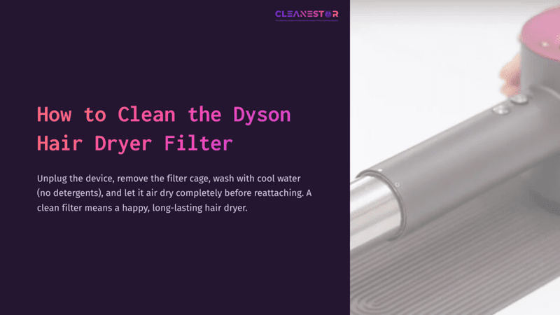 1 How To Clean The Dyson Hair Dryer Filter Close-Up Of A Dyson Hair Dryer, Showcasing Its Sleek Design And Metallic Finish Against A Dark Background With Cleaning Instructions.