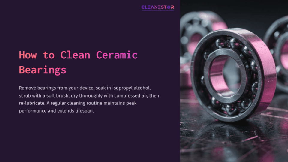 1 How To Clean Ceramic Bearings Close-Up Of A Shiny Ceramic Bearing With Pink Accents, Placed On A Dark Surface, Alongside Instructions For Cleaning Ceramic Bearings.