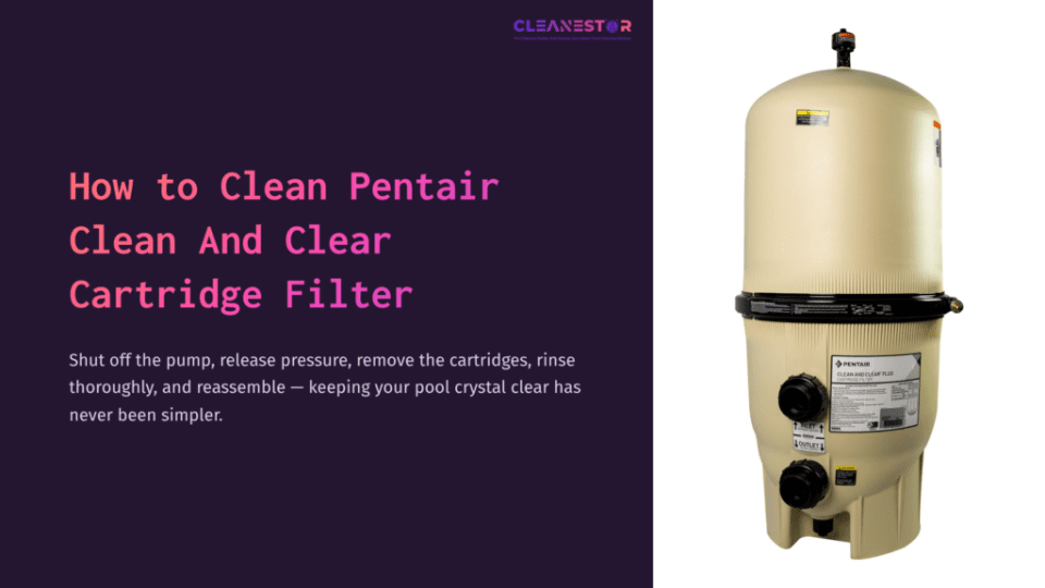 1 How To Clean Pentair Clean And Clear Cartridge Filter Tan Pentair Clean And Clear Cartridge Filter With Black Valves, Next To Text Instructions On Cleaning And Maintenance In Purple And White.