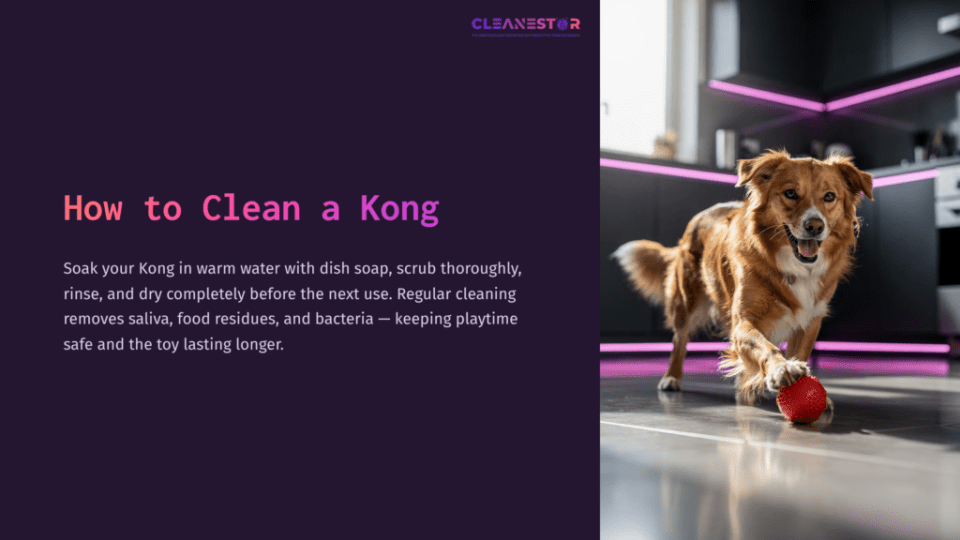 1 How To Clean A Kong A Playful Dog Holds A Red Kong Toy, Set Against A Purple And Black Kitchen Backdrop With Modern Styling.