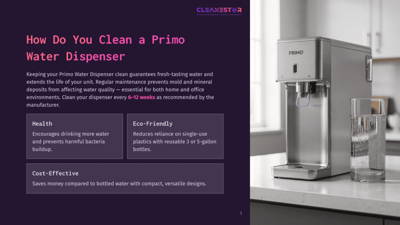 1 How Do You Clean A Primo Water Dispenser A Sleek, Modern Silver Primo Water Dispenser Sits On A Kitchen Counter, Dispensing Water Into A Clear Glass. The Text &Quot;Cleanestor&Quot; Is Visible At The Top.