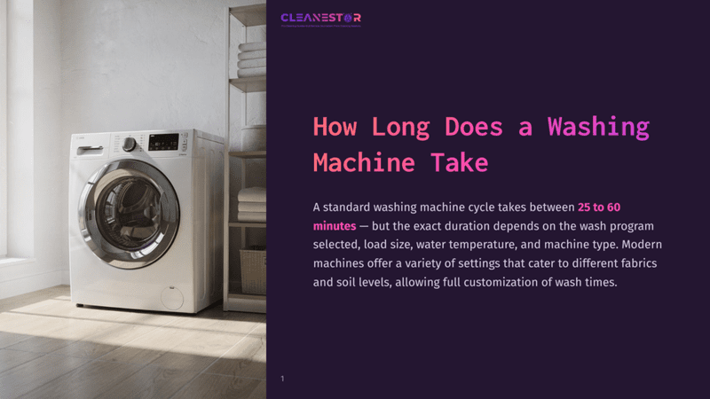 1 How Long Does A Washing Machine Take A Modern White Washing Machine Is Shown In A Brightly Lit Laundry Room With Wooden Floors And Shelves Of Folded Towels In The Background. The Cleanestor Logo Is Visible At The Top Left.