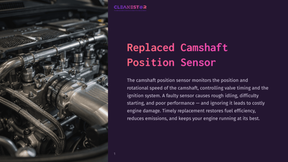 1 Replaced Camshaft Position Sensor Close-Up Of A Complex Car Engine With Intricate Metal Parts And Wiring. Text Overlay Reads &Quot;Cleanestor&Quot; And &Quot;Replaced Camshaft Position Sensor&Quot;.