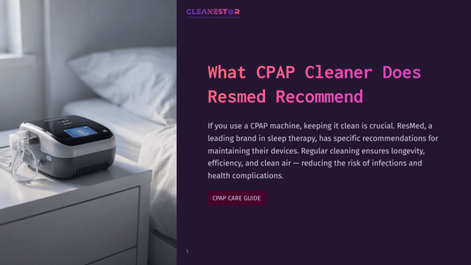 1 What Cpap Cleaner Does Resmed Recommend 1 A White Cpap Machine Sits On A Nightstand Next To A Neatly Made Bed, With The Cleanestor Logo Visible In The Upper Corner Of The Image. Text On The Right Reads &Quot;What Cpap Cleaner Does Resmed Recommend&Quot;.