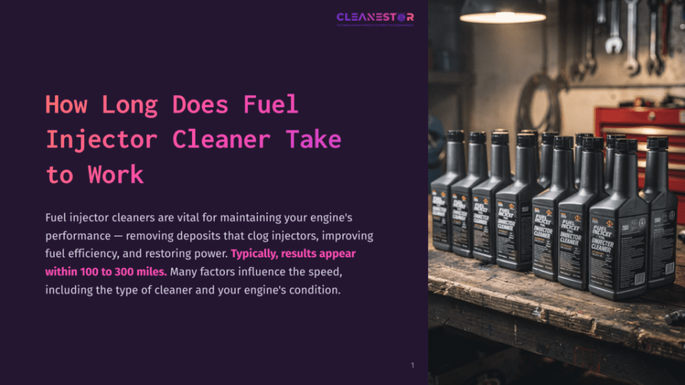 1 How Long Does Fuel Injector Cleaner Take To Work A Row Of Fuel Injector Cleaner Bottles On A Workbench, With Tools In The Background. Text Reads: &Quot;Cleanestor Fuel Injector Cleaner&Quot;.