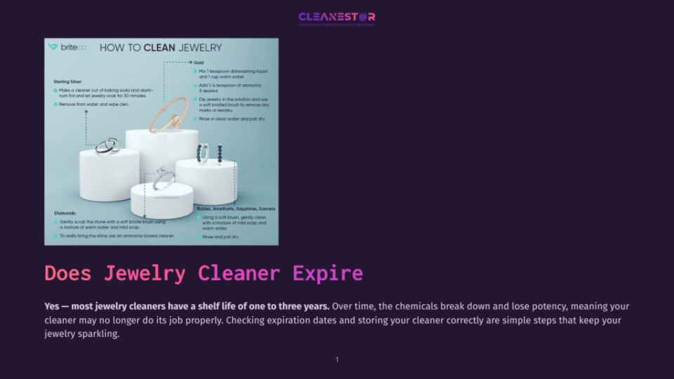 1 Does Jewelry Cleaner Expire Infographic Showing How To Clean Jewelry, Including Gold, Diamonds, And Gemstones. Features Steps Like Using Mild Soap, Ammonia, And Soft Brushes.