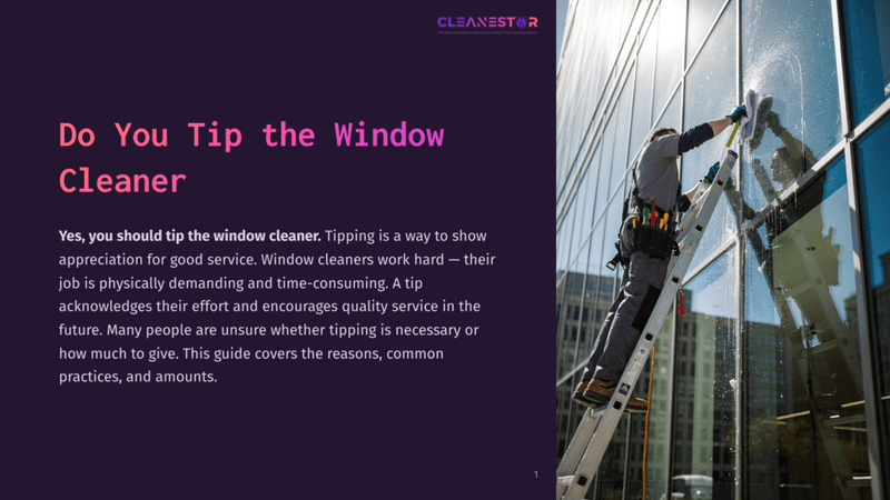 A Window Cleaner On A Ladder Washes A Modern Glass Building, With The Text &Quot;Do You Tip The Window Cleaner?&Quot; Visible On The Left.