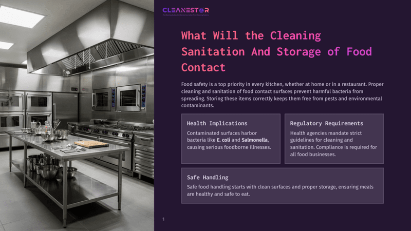 1 What Will The Cleaning Sanitation And Storage Of Food Contact A Professional Restaurant Kitchen With Stainless Steel Surfaces, Ovens, And Cooking Equipment. Text Overlay Reads: &Quot;Cleanestor: Your Cleaning Supplies And Services For Superior Food Cleaning &Amp; Hygiene,&Quot; And &Quot;What Will The Cleaning Sanitation And Storage Of Food Contact.