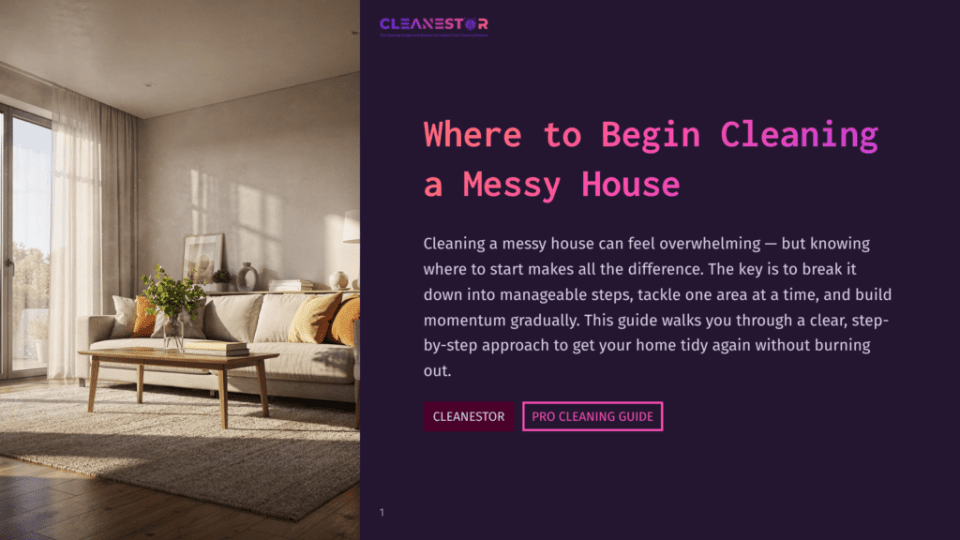 1 Where To Begin Cleaning A Messy House A Bright, Sunlit Living Room With A Modern Couch, Coffee Table, And Large Window. The Text &Quot;Cleanestor&Quot; And &Quot;Where To Begin Cleaning A Messy House&Quot; Is Overlaid On A Dark Purple Background.