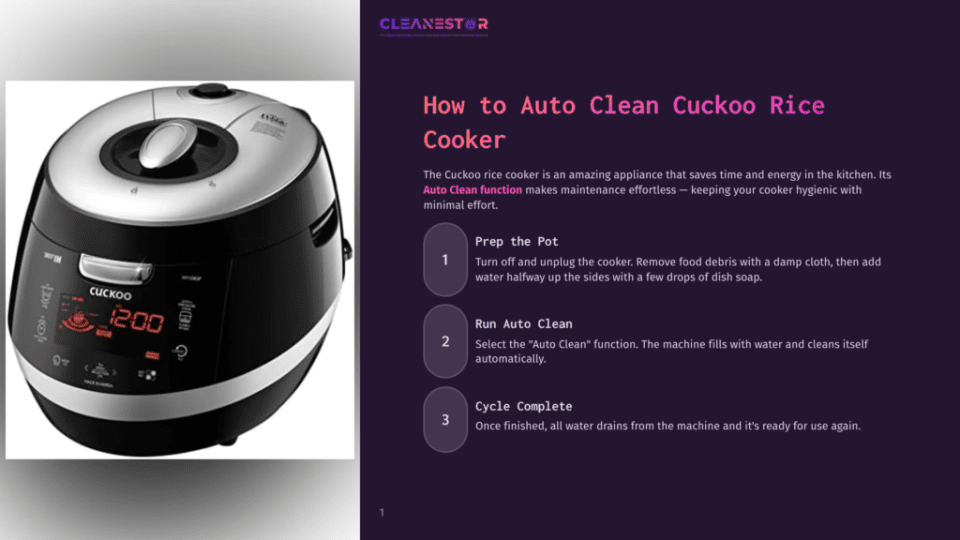 1 How To Auto Clean Cuckoo Rice Cooker A Cuckoo Rice Cooker With A Digital Display Showing &Quot;12:00&Quot; Is Shown On A Dark Background. Text On The Right Describes The &Quot;Auto Clean&Quot; Function With Steps: &Quot;Prep The Pot,&Quot; &Quot;Run Auto Clean,&Quot; And &Quot;Cycle Complete.