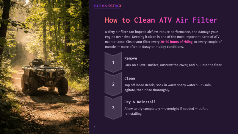 1 How To Clean Atv Air Filter A Green Atv Is Parked On A Dirt Path In A Sun-Dappled Forest, With Text Overlaying The Right Side Of The Image Detailing How To Clean An Atv Air Filter.