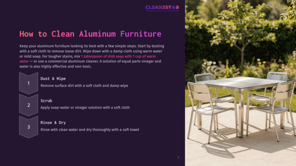 1 How To Clean Aluminum Furniture A Clean, Modern Aluminum Outdoor Dining Set With Four Chairs And A Table Sits On A Patio With Lush Green Foliage In The Background. Text Overlay Provides Cleaning Instructions For Aluminum Furniture.