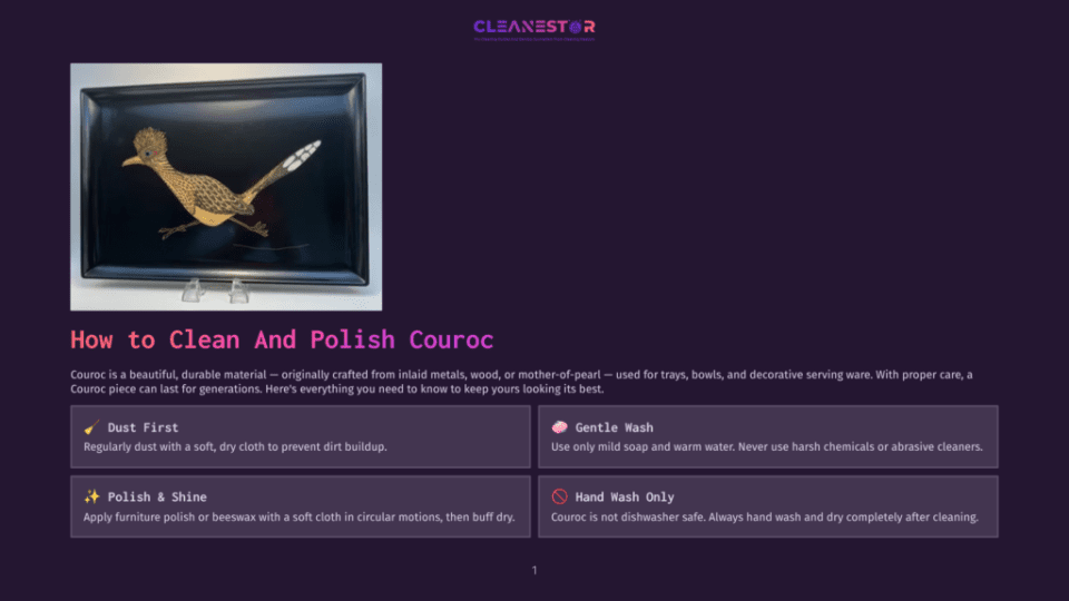 1 How To Clean And Polish Couroc Black Lacquered Tray With Inlaid Mother-Of-Pearl Roadrunner And Floral Design, Displayed On A Stand. Text Overlay: &Quot;How To Clean And Polish Couroc&Quot;.