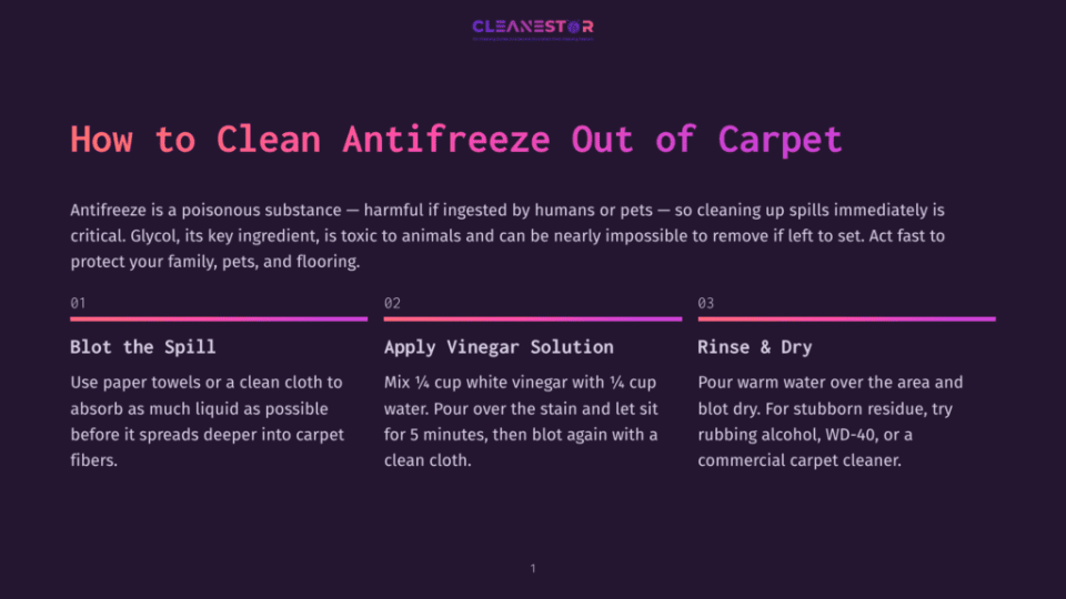 1 How To Clean Antifreeze Out Of Carpet Illustration With The Title &Quot;How To Clean Antifreeze Out Of Carpet&Quot; Featuring Three Steps: Blot The Spill, Apply Vinegar Solution, And Rinse &Amp; Dry. The Background Is Dark Purple.
