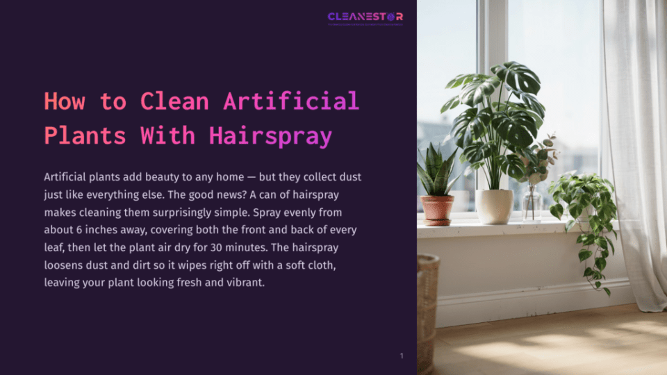 1 How To Clean Artificial Plants With Hairspray Artificial Plants On A Windowsill, Including A Large Monstera Plant, A Snake Plant, And A Hanging Plant, Bathed In Natural Light. Text Overlay Reads: &Quot;Cleanestor: Pro Cleaning Solutions And Expert Home Services.