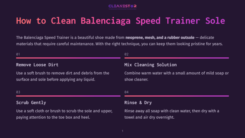 1 How To Clean Balenciaga Speed Trainer Sole Infographic Titled &Quot;How To Clean Balenciaga Speed Trainer Sole&Quot; With Steps: 1. Remove Loose Dirt, 2. Mix Cleaning Solution, 3. Scrub Gently, 4. Rinse &Amp; Dry. Features Purple And Pink Gradient Accents.