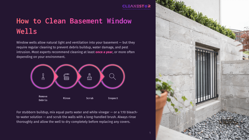 1 How To Clean Basement Window Wells Illustration Showing Steps To Clean Basement Window Wells: Remove Debris, Rinse, Scrub, Inspect. Text Overlay: &Quot;How To Clean Basement Window Wells&Quot; And &Quot;Cleanestor&Quot;.