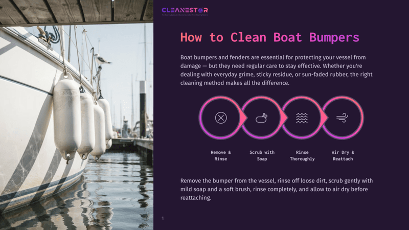 1 How To Clean Boat Bumpers White Boat Bumpers Hang From The Side Of A White Boat Docked At A Marina, With A Graphic Explaining How To Clean Boat Bumpers.