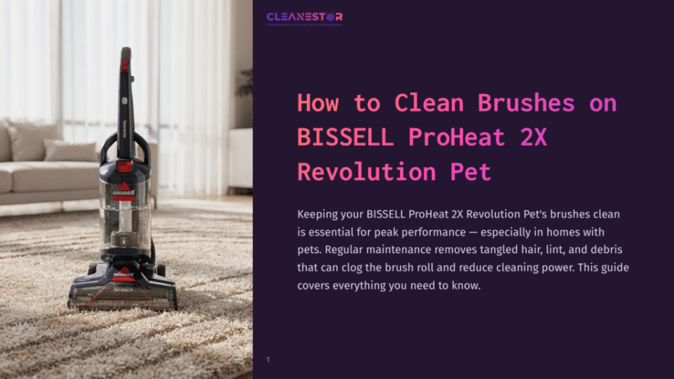 1 How To Clean Brushes On Bissell Proheat 2X Revolution Pet A Bissell Proheat 2X Revolution Pet Upright Vacuum Cleaner Is Shown On A Beige Shag Carpet, With The Title &Quot;How To Clean Brushes On Bissell Proheat 2X Revolution Pet&Quot; Overlaid On The Right.