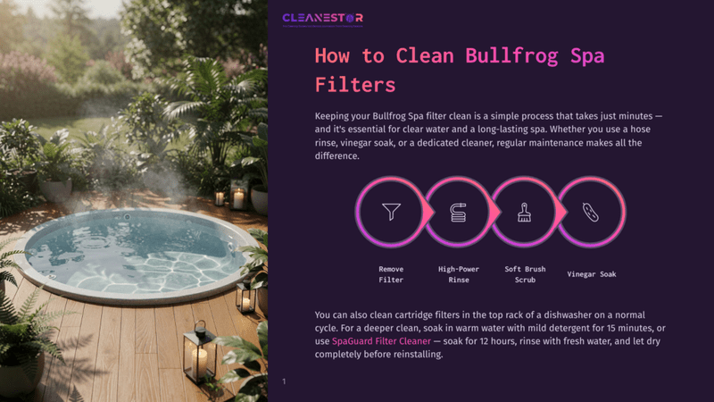 A Steaming Bullfrog Spa Sits On A Wooden Deck Surrounded By Lush Greenery, With A Graphic Illustrating The Steps To Clean Bullfrog Spa Filters: Remove Filter, High-Power Rinse, Soft Brush Scrub, And Vinegar Soak.