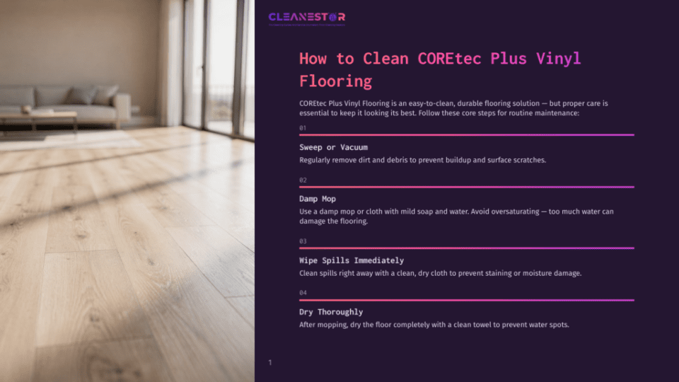 1 How To Clean Coretec Plus Vinyl Flooring Cleanestor Coretec Plus Vinyl Flooring Cleaning Guide With Steps: Sweep Or Vacuum, Damp Mop, Wipe Spills Immediately, And Dry Thoroughly. The Image Shows A Sunlit, Modern Living Room With Light Wood-Look Coretec Plus Vinyl Flooring.
