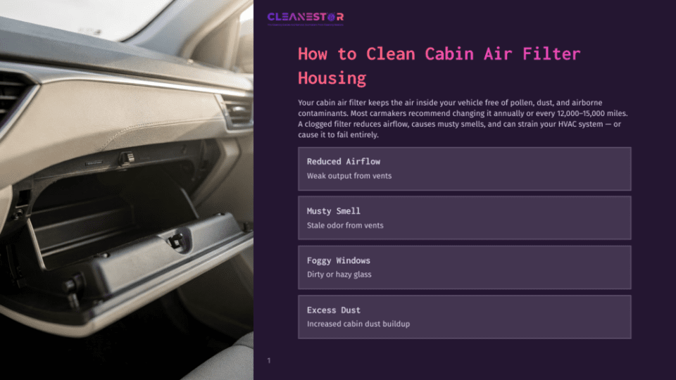 Open Glove Compartment In A Car, Revealing The Empty Space Where A Cabin Air Filter Would Be Located. Text Overlay Reads &Quot;How To Clean Cabin Air Filter&Quot;.