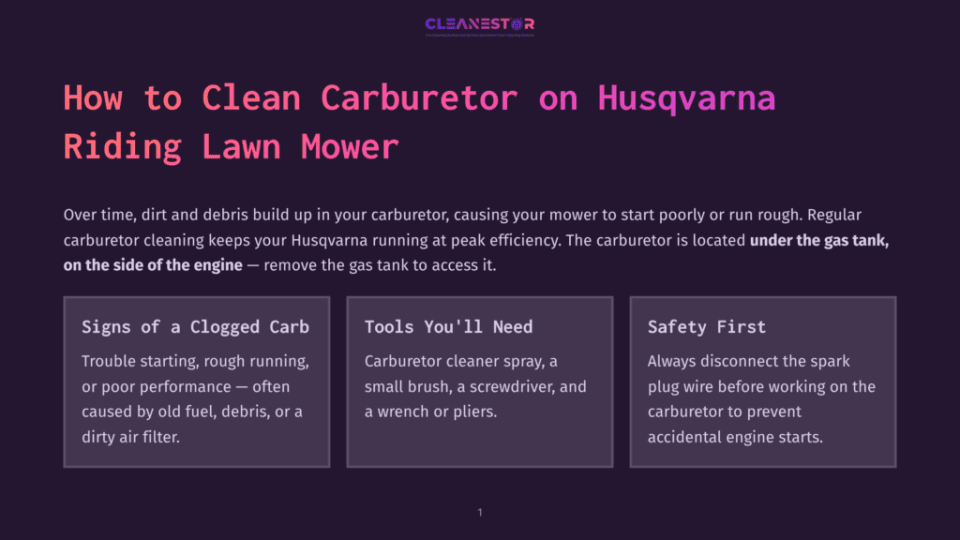 1 How To Clean Carburetor On Husqvarna Riding Lawn Mower Title Card For A Guide On How To Clean A Husqvarna Riding Lawn Mower Carburetor, Featuring The Title &Quot;How To Clean Carburetor On Husqvarna Riding Lawn Mower&Quot; And Sections On Signs Of A Clogged Carb, Tools Needed, And Safety First.
