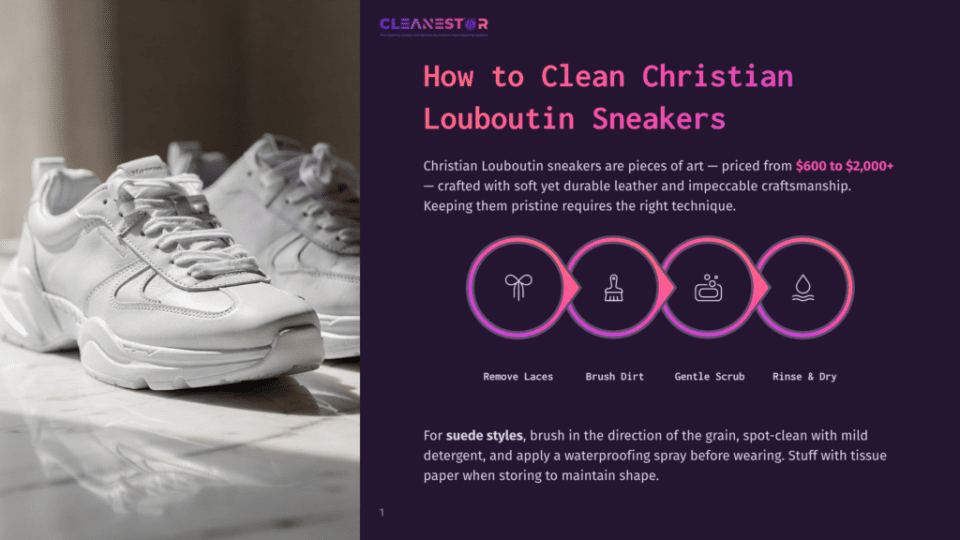 1 How To Clean Christian Louboutin Sneakers White Christian Louboutin Sneakers Are Displayed On A Marble Surface, With A Graphic Overlay Detailing How To Clean Them, Featuring Icons For Removing Laces, Brushing, Scrubbing, And Rinsing.