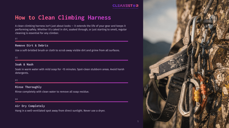 1 How To Clean Climbing Harness Close-Up Of Climbing Harness With Carabiners Attached, Hanging On A Rock Face. Text Overlay Provides Instructions On How To Clean A Climbing Harness.