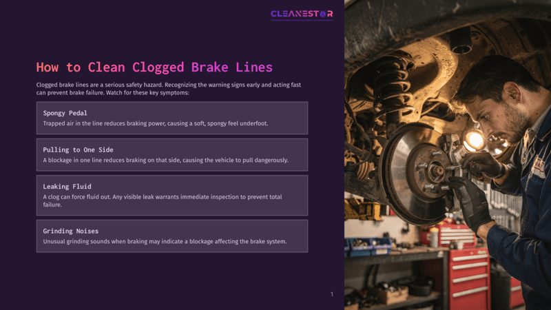 1 How To Clean Clogged Brake Lines Mechanic In Blue Overalls And Gloves Inspects A Car'S Brake Caliper And Rotor Assembly, With Tools And A Red Toolbox Visible In The Background, Illustrating Brake Maintenance.