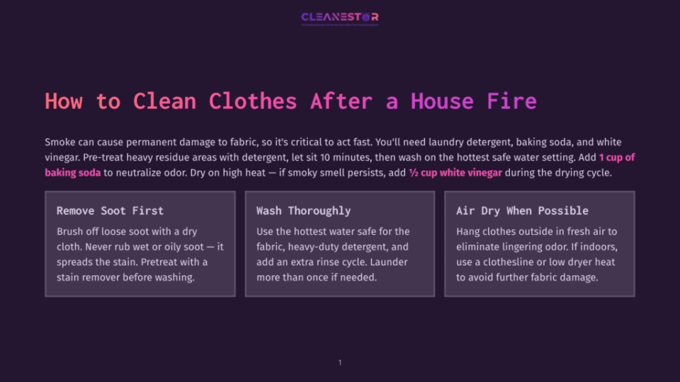 1 How To Clean Clothes After A House Fire Infographic With Text &Quot;How To Clean Clothes After A House Fire&Quot; And Sections On Removing Soot, Washing Thoroughly, And Airing Clothes Dry When Possible.