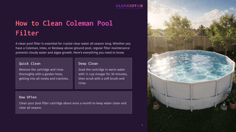 1 How To Clean Coleman Pool Filter A Pristine Above-Ground Pool With Crystal-Clear Water Reflects The Bright Sun, Surrounded By A Lush Green Lawn, A Wooden Fence, And Potted Plants. The Image Is Part Of An Article About Cleaning Coleman Pool Filters.