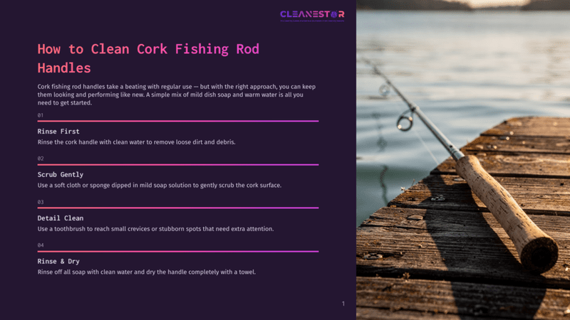 1 How To Clean Cork Fishing Rod Handles Close-Up Of A Fishing Rod With A Cork Handle Resting On A Wooden Dock At Sunrise. Text Overlay Reads &Quot;How To Clean Cork Fishing Rod Handles.