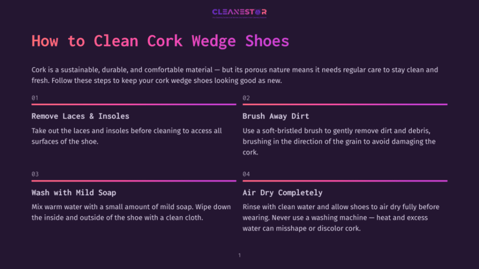 Infographic Titled &Quot;How To Clean Cork Wedge Shoes&Quot; With Four Steps: 1. Remove Laces &Amp; Insoles, 2. Brush Away Dirt, 3. Wash With Mild Soap, 4. Air Dry Completely.