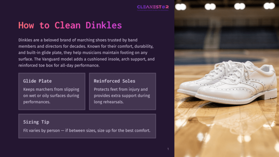 1 How To Clean Dinkles Close-Up Of A Pair Of Pristine White Marching Band Shoes With Intricate Brogue Detailing, Resting On A Polished Wooden Basketball Court With Reflections.