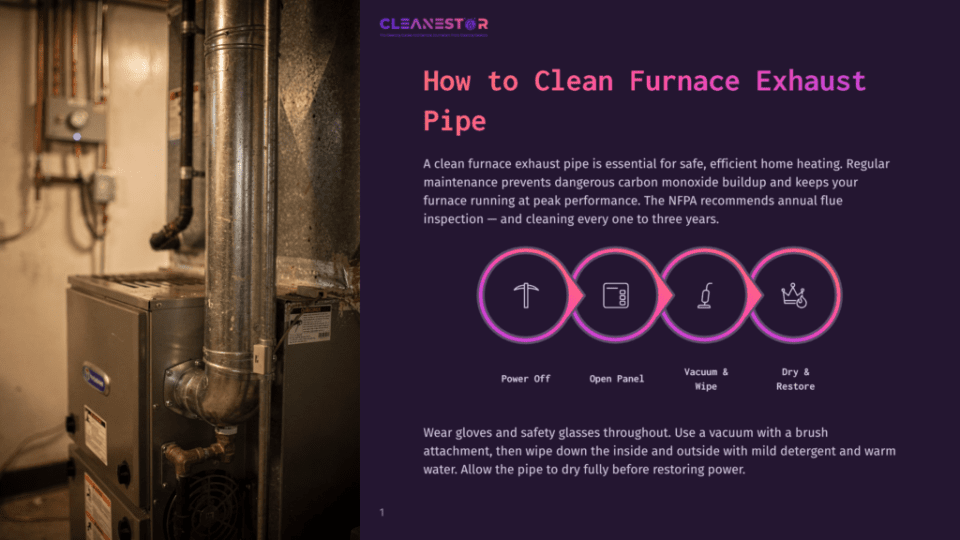1 How To Clean Furnace Exhaust Pipe Cleanestor Logo And Title &Quot;How To Clean Furnace Exhaust Pipe&Quot; Over A Close-Up Of A Furnace And Its Exhaust Pipe, With A Diagram Illustrating Furnace Cleaning Steps.