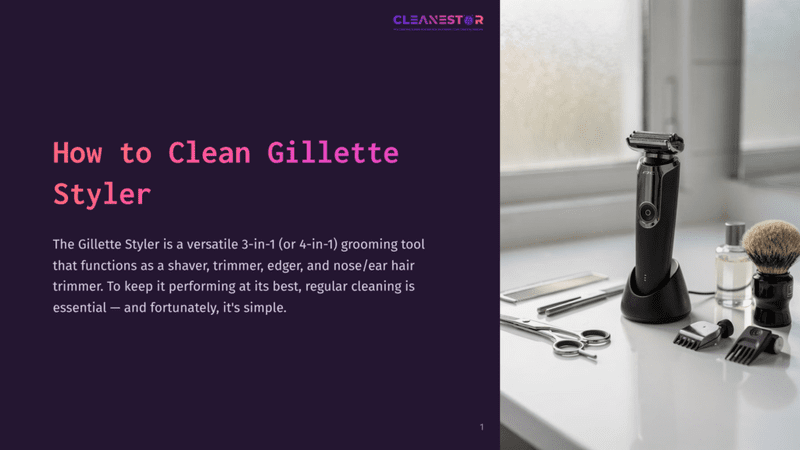 1 How To Clean Gillette Styler A Black Gillette Styler Grooming Kit With A Charging Base, Shaving Brush, Comb, And Grooming Oil On A White Marble Countertop.