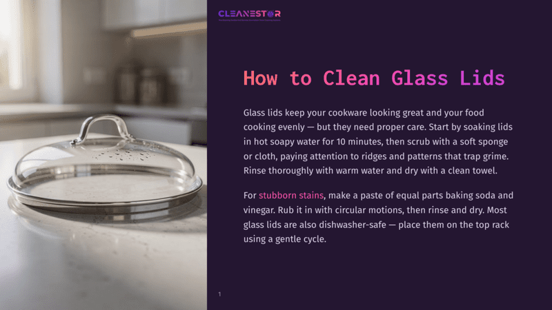1 How To Clean Glass Lids A Clean Glass Lid With A Metal Rim Sits On A White Marble Countertop, Reflecting Water Droplets, With The Text &Quot;Cleanestor&Quot; And &Quot;How To Clean Glass Lids&Quot; Visible On The Right.