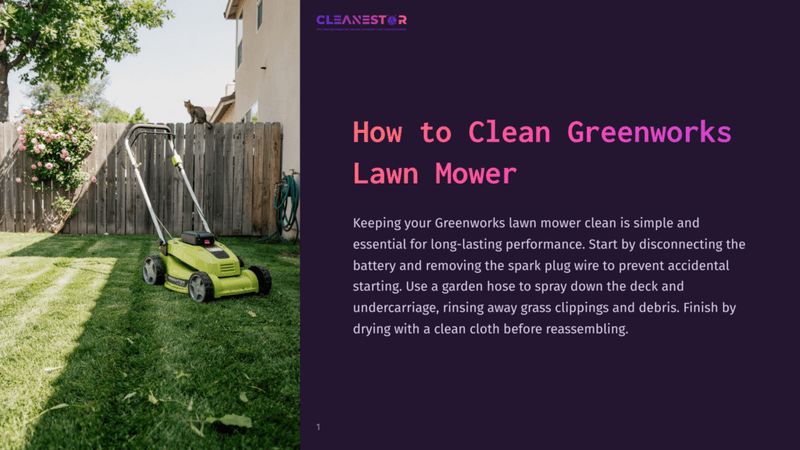 1 How To Clean Greenworks Lawn Mower A Bright Green Greenworks Lawn Mower Sits On A Lush Green Lawn Next To A Wooden Fence, With A House And Trees In The Background. Text Overlay Reads &Quot;How To Clean Greenworks Lawn Mower&Quot;.