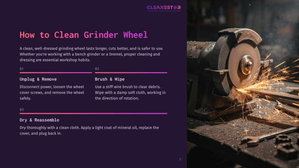 1 How To Clean Grinder Wheel Close-Up Of A Grinder Wheel Sparking Intensely As Metal Is Sharpened, With A Wrench Lying On A Workbench In The Foreground. Text Reads &Quot;Cleanestor&Quot;.