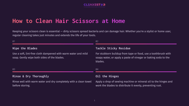 1 How To Clean Hair Scissors At Home A Dark Purple Background With Text Titled &Quot;How To Clean Hair Scissors At Home&Quot; And Four Numbered Steps: &Quot;Wipe The Blades,&Quot; &Quot;Tackle Sticky Residue,&Quot; &Quot;Rinse &Amp; Dry Thoroughly,&Quot; And &Quot;Oil The Hinges.