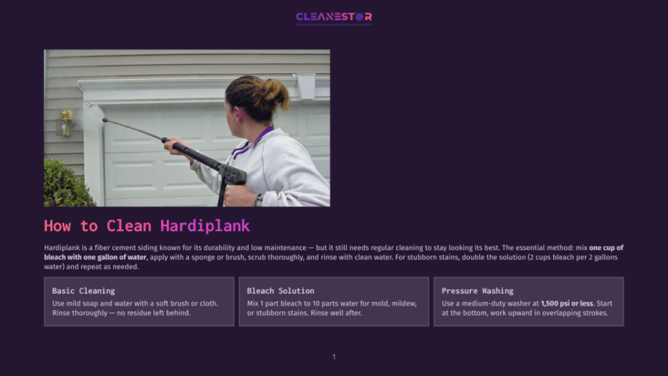 1 How To Clean Hardiplank Woman Pressure Washing A Vinyl Siding House With A Cleaning Wand. The Text &Quot;How To Clean Hardiplank&Quot; Is Visible.