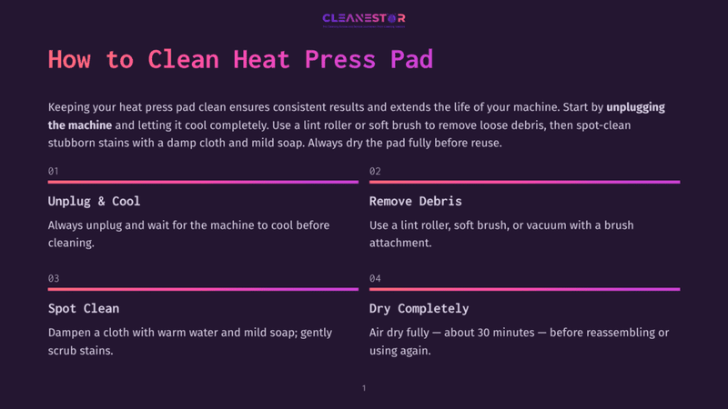 1 How To Clean Heat Press Pad Infographic Titled &Quot;How To Clean Heat Press Pad&Quot; With Steps: Unplug &Amp; Cool, Remove Debris, Spot Clean, Dry Completely. The Background Is Dark With Purple And Pink Gradient Accents.