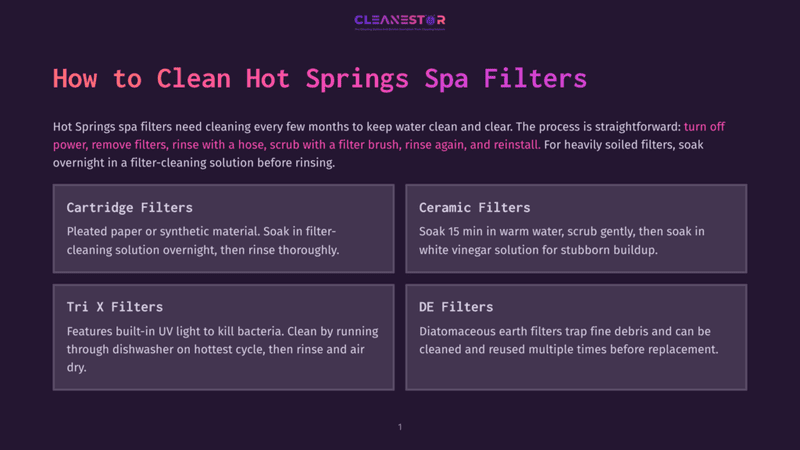 Cleanestor Logo Above Text Detailing How To Clean Hot Springs Spa Filters, Including Cartridge, Ceramic, Tri X, And De Filters.