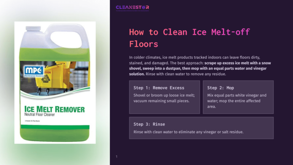 1 How To Clean Ice Melt Off Floors A Bottle Of Ice Melt Remover, A Neutral Floor Cleaner With A Green Label, Is Shown In Front Of A Background Of A Yellow Trash Bin.