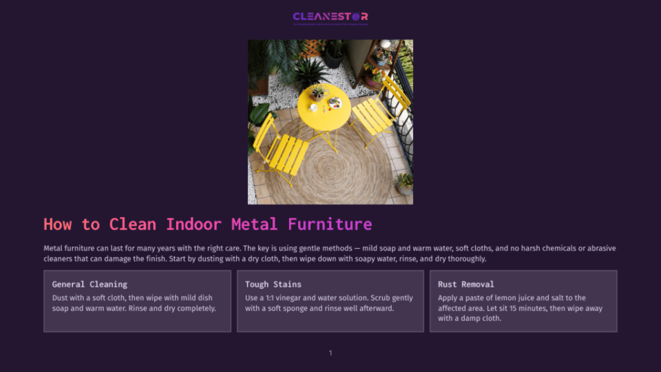 1 How To Clean Indoor Metal Furniture Bright Yellow Metal Chairs And A Round Table Sit On A Woven Rug On A Patio, Surrounded By Lush Green Plants. The Text Overlay Reads &Quot;How To Clean Indoor Metal Furniture.