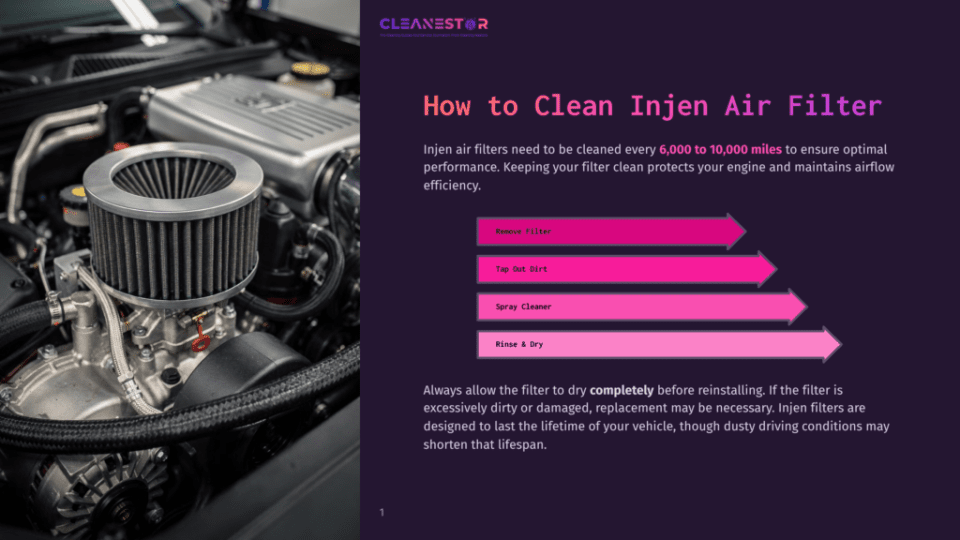 Close-Up Of A Shiny, Black Injen Air Filter Installed In A Car Engine Bay, With Instructions On How To Clean It Displayed On The Right Side Of The Image.